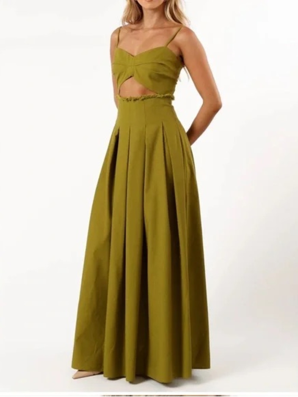 Olive Green Maxi Dress with Cutout Bodice